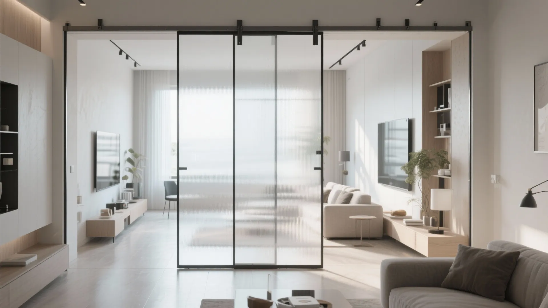 Modern living room with glass sliding doors separating a study area and light colored furniture