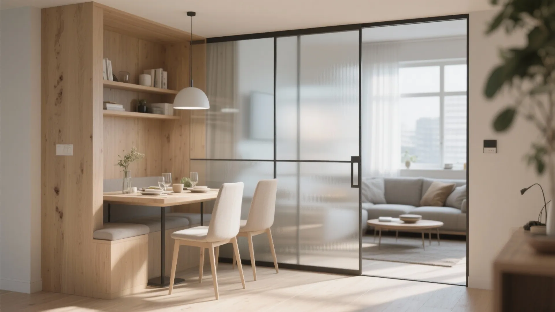 Small dining corner with frosted glass sliding divider