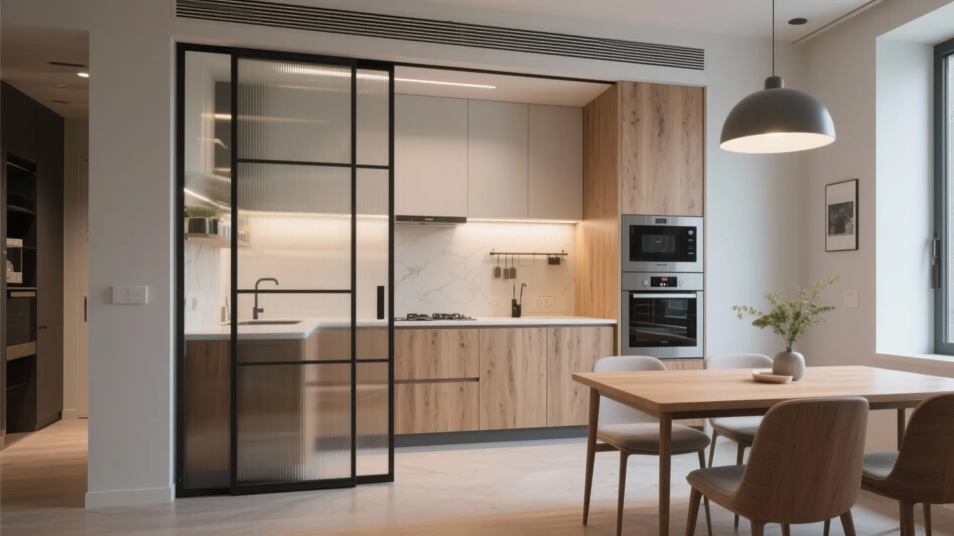 Modern kitchen with wood cabinets and sliding glass door next to a wooden dining area