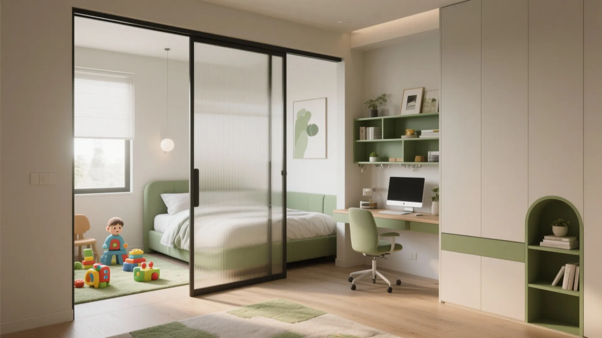Sliding partition dividing a spare bedroom into a home office and play area