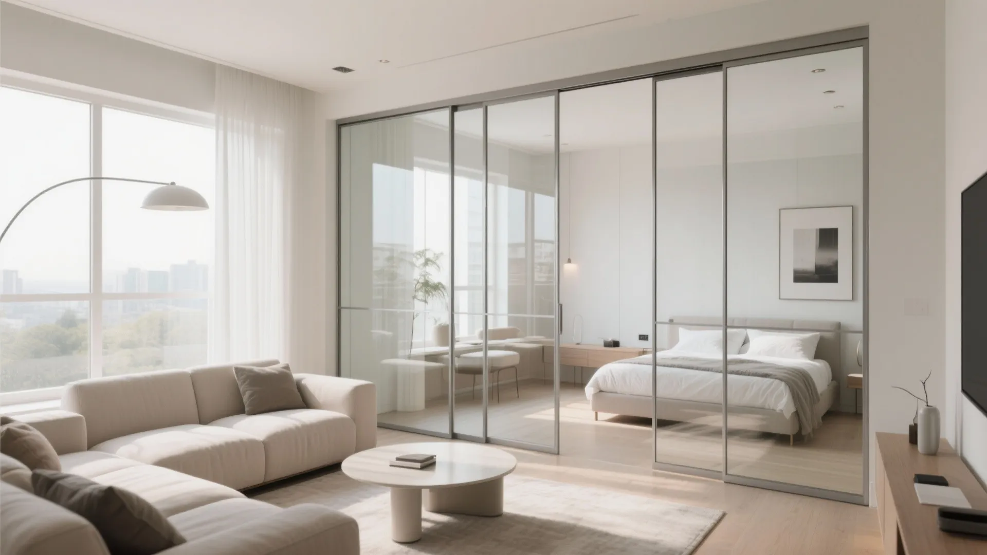 Open-plan living with sliding partitions