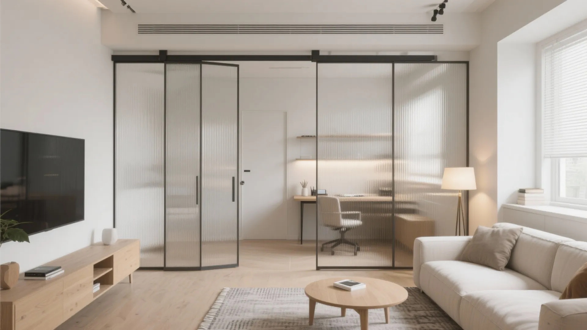 Flexible living-dining with sliding partitions