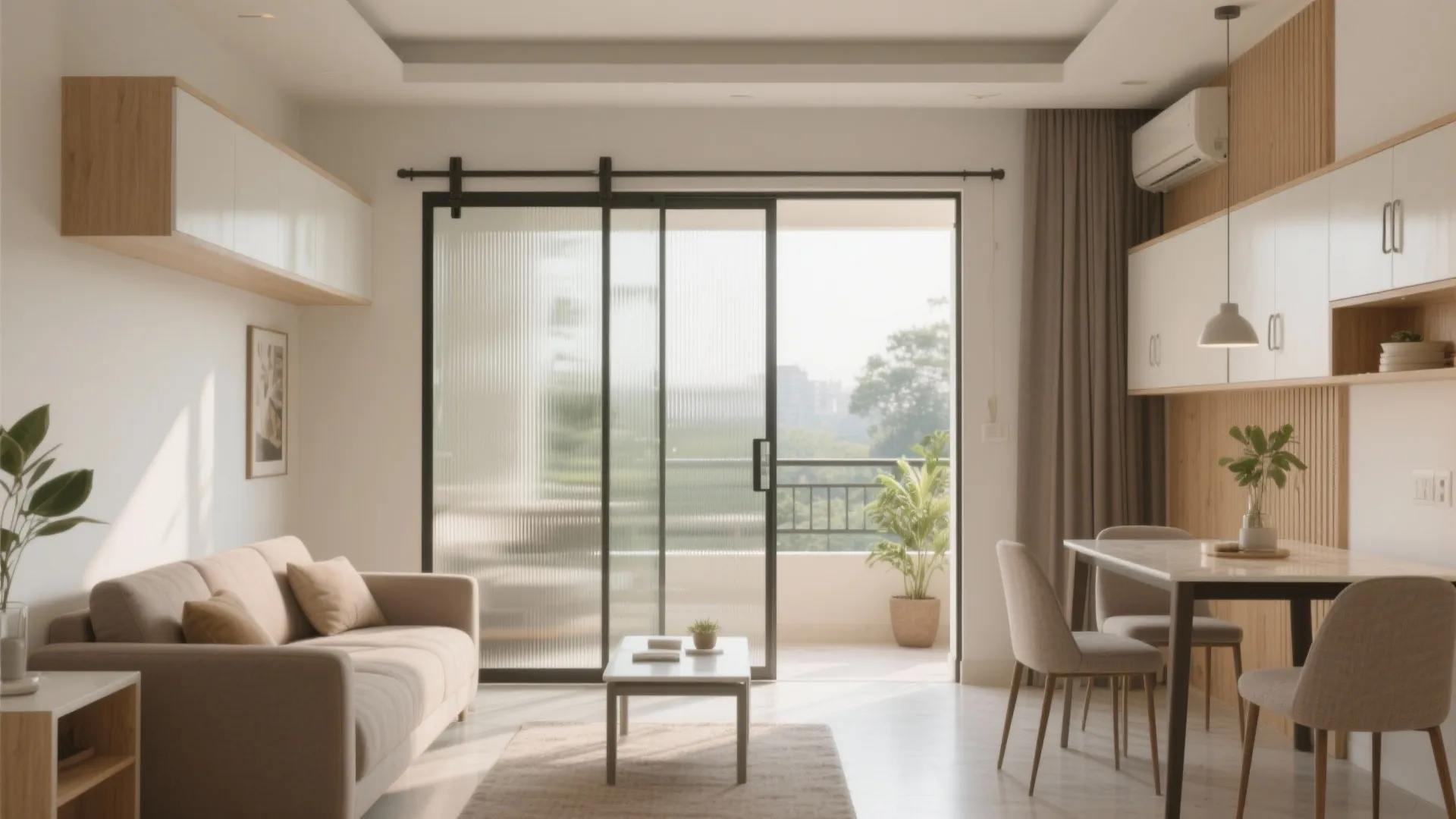 1) Sunlit Living-Dining with Sliding Partitions