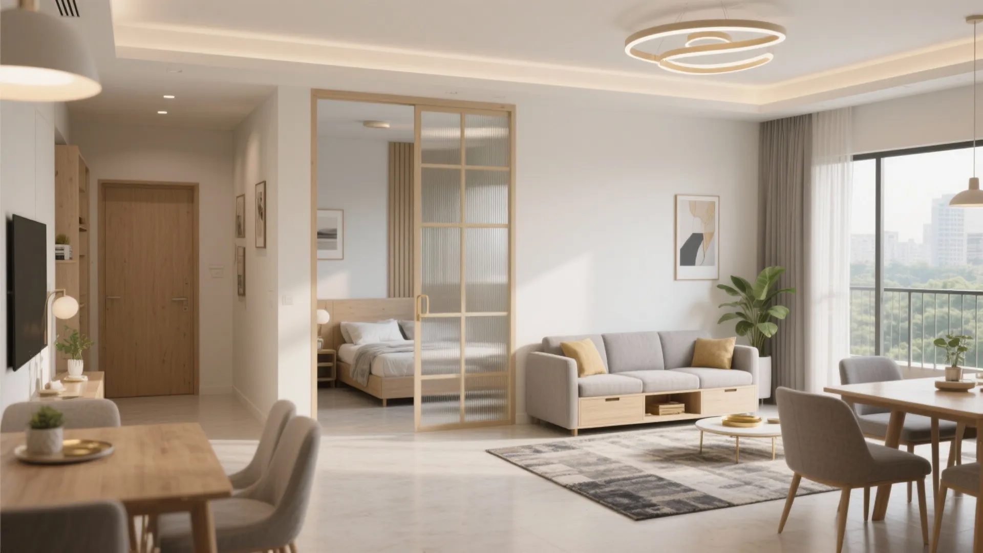 Flexible living room: sliding partitions and compact sofas