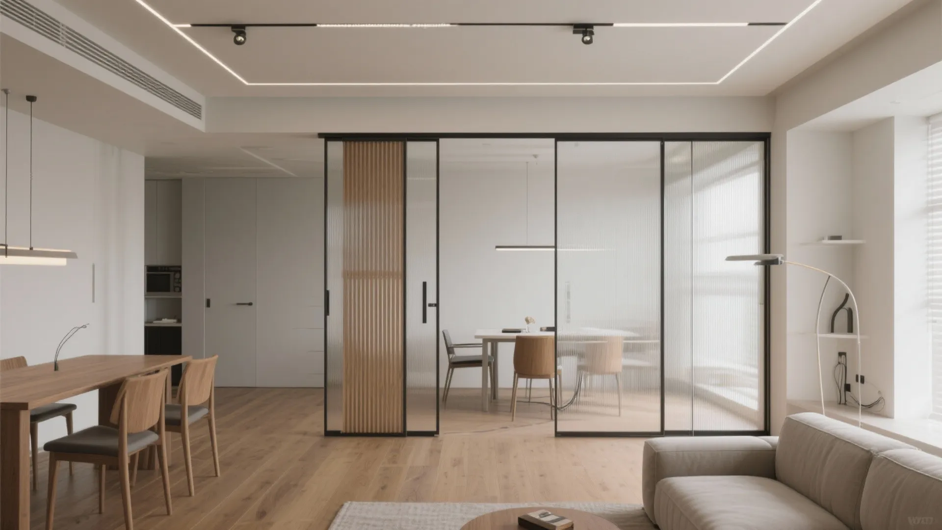 Modern living room featuring glass sliding doors wooden floors sofa dining table and warm ceiling lights