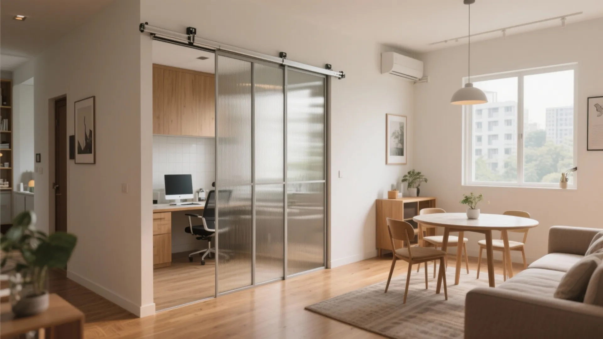 Modern living room with glass sliding door separating home office area wooden furniture and sofa
