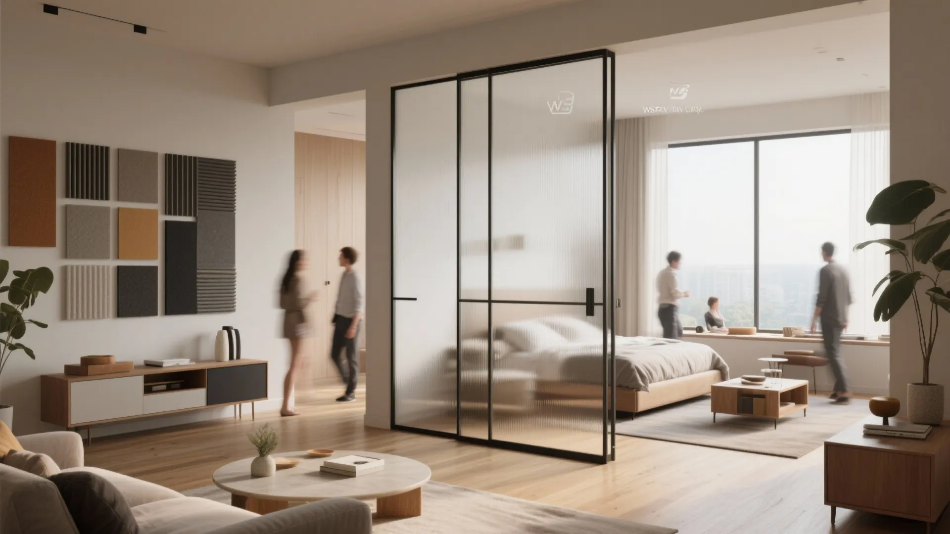 Flexible living zone with frosted glass sliding partition separating living and sleeping areas in a resort suite