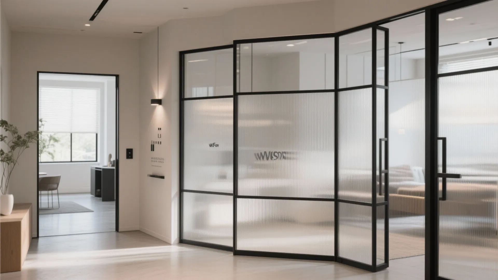 Modern office lobby with black frame glass wall partition wall light and view of space