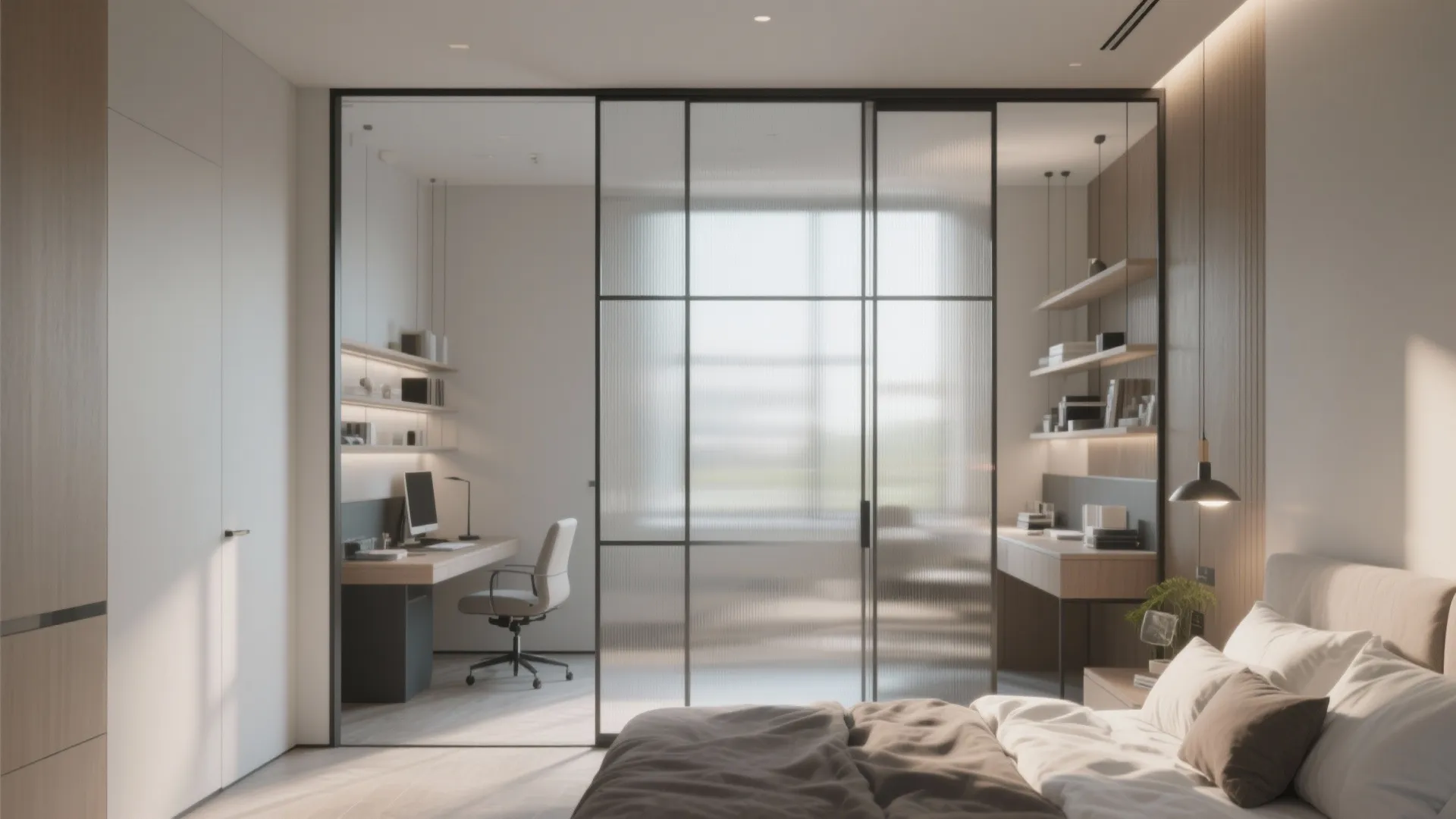 Modern bedroom with glass sliding door separating a home office space with desk and chair