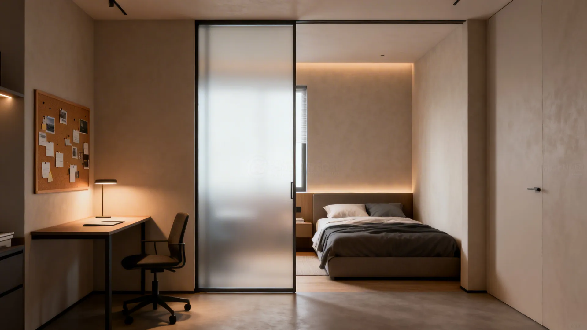 Studio split by a frosted sliding partition creating separate office and sleeping zones