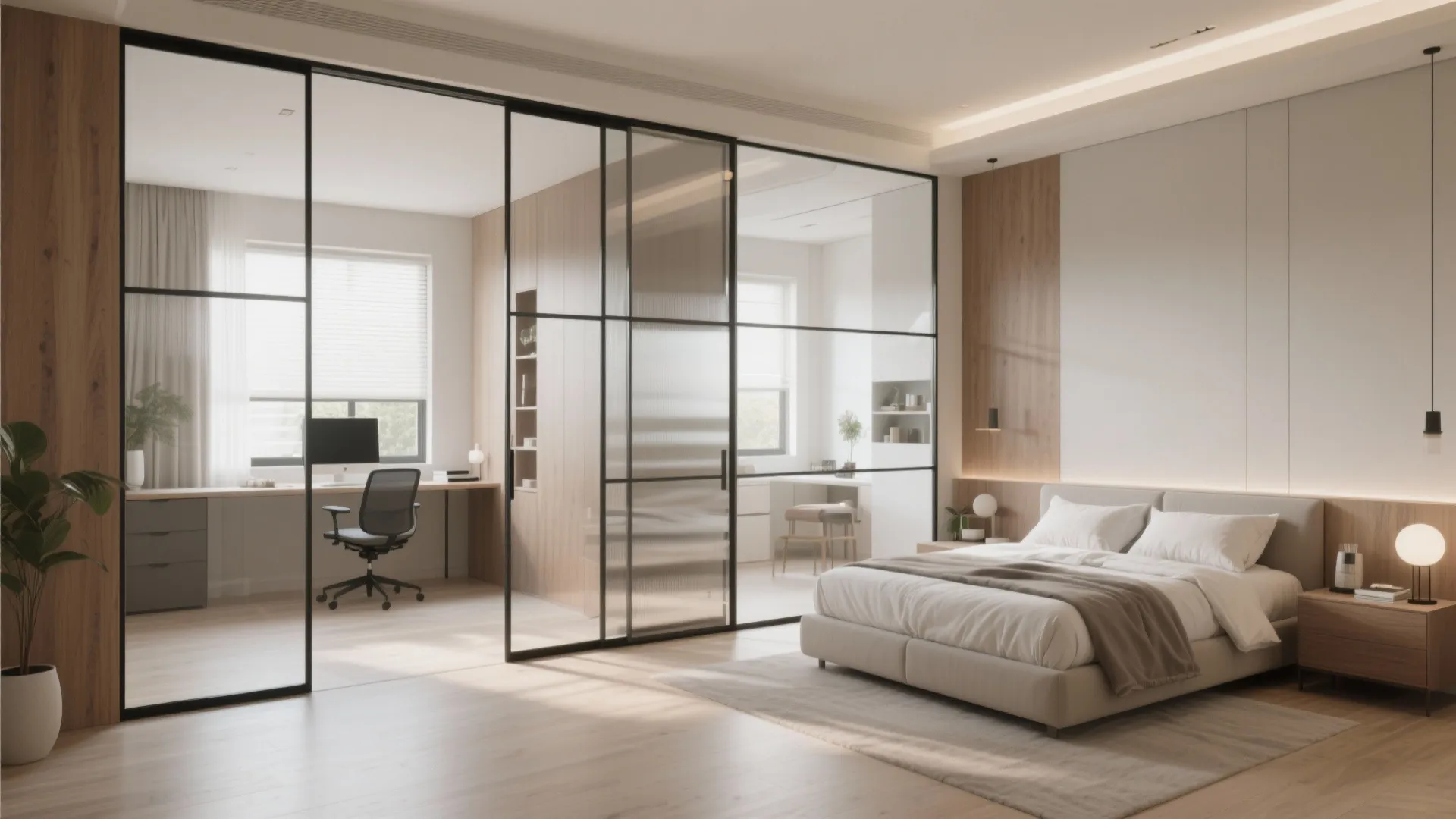 Modern bedroom with grey bed separated from home office by black metal sliding glass doors
