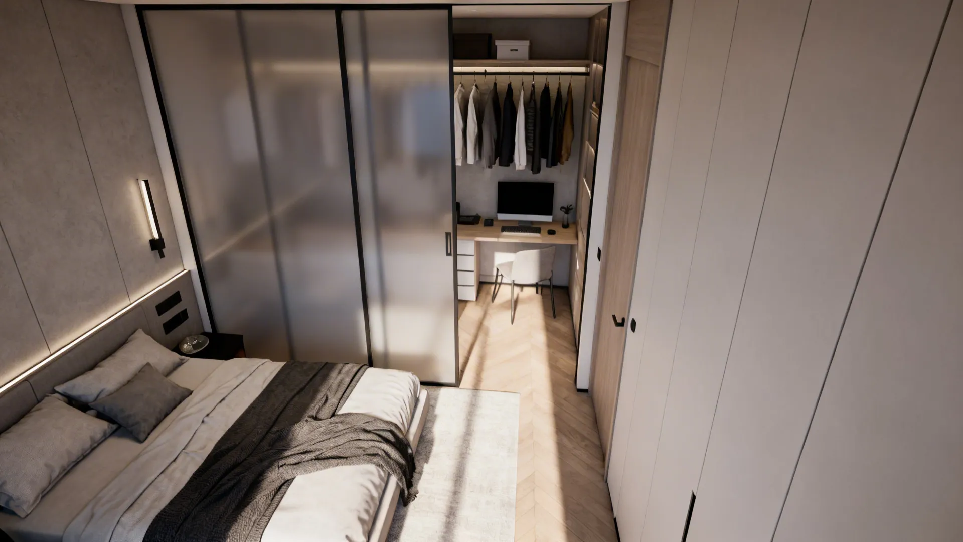Top-down view of a narrow bedroom with a sliding frosted glass partition separating sleeping and wardrobe zones.