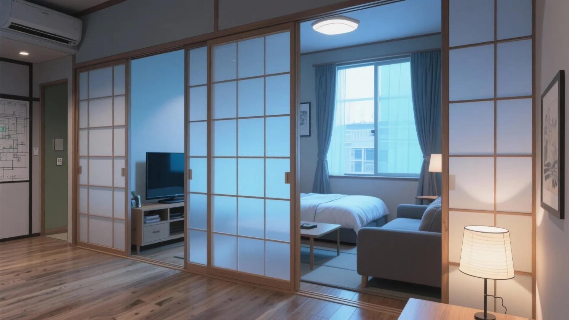 Tips 3: スライド式“間仕切りTV”で1Kをゆるくゾーニング（日式风格の軽やかさ）