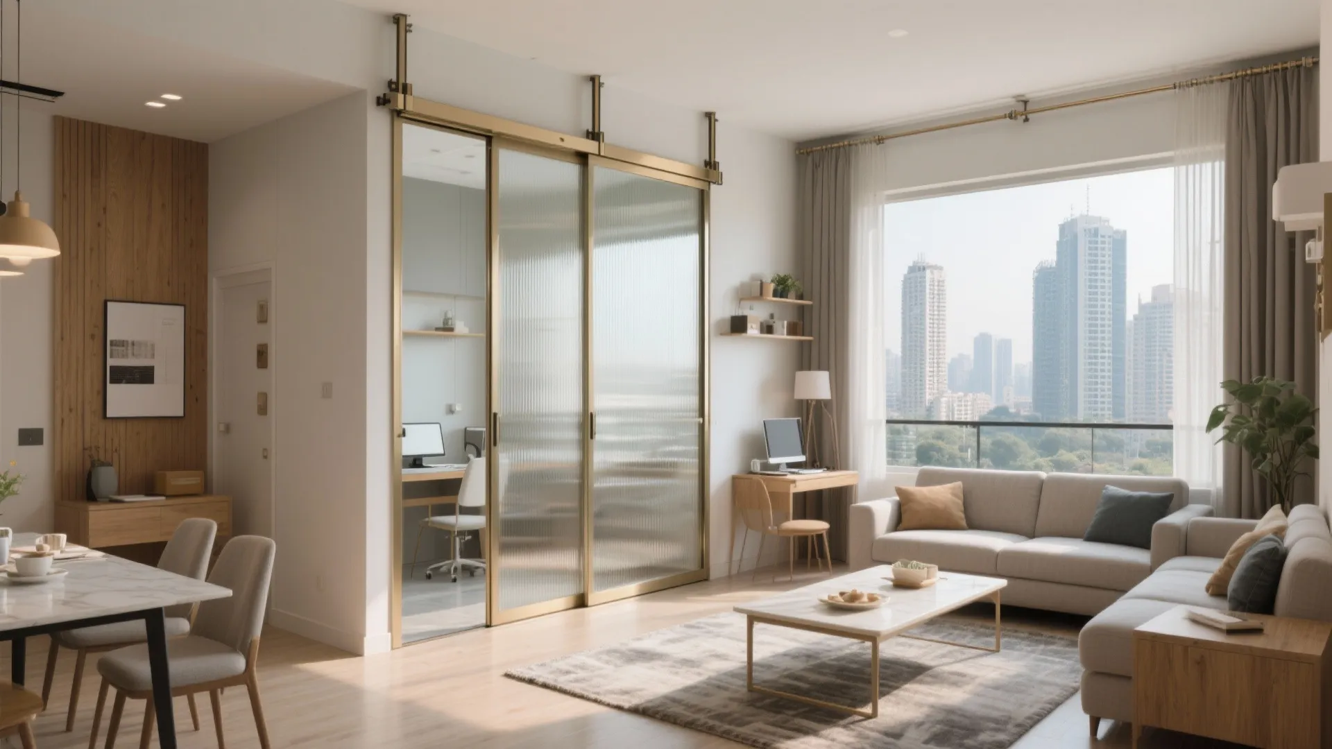 Modern living room featuring glass sliding doors gold frames grey sofa coffee table and city view