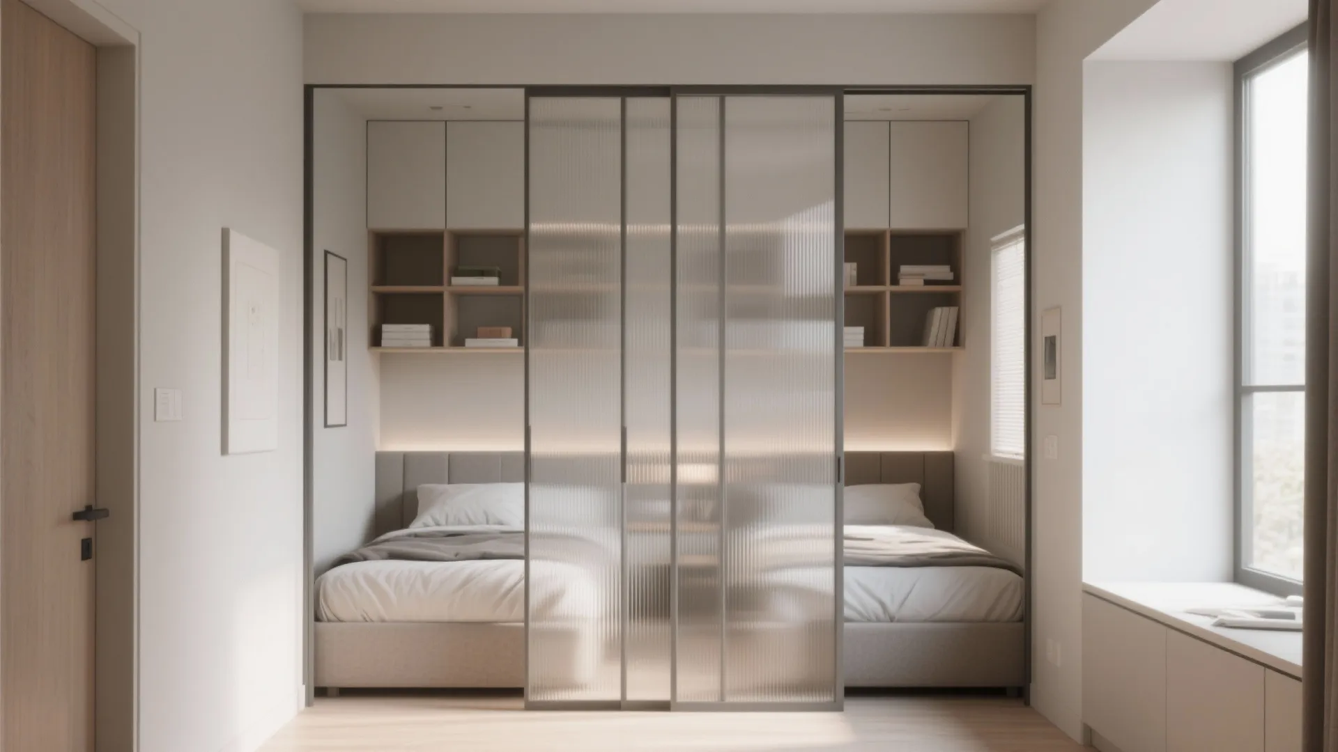 Modern bedroom featuring a glass sliding door divider with two beds and built-in wall cabinets