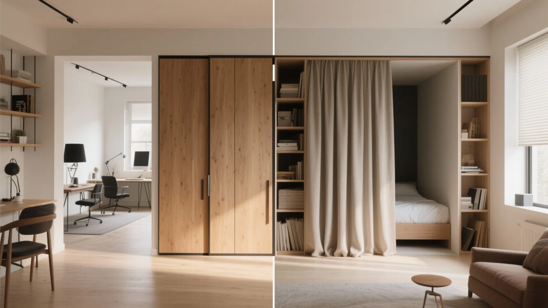 Comparison showing a wooden sliding door and a long curtain used for flexible room layout design
