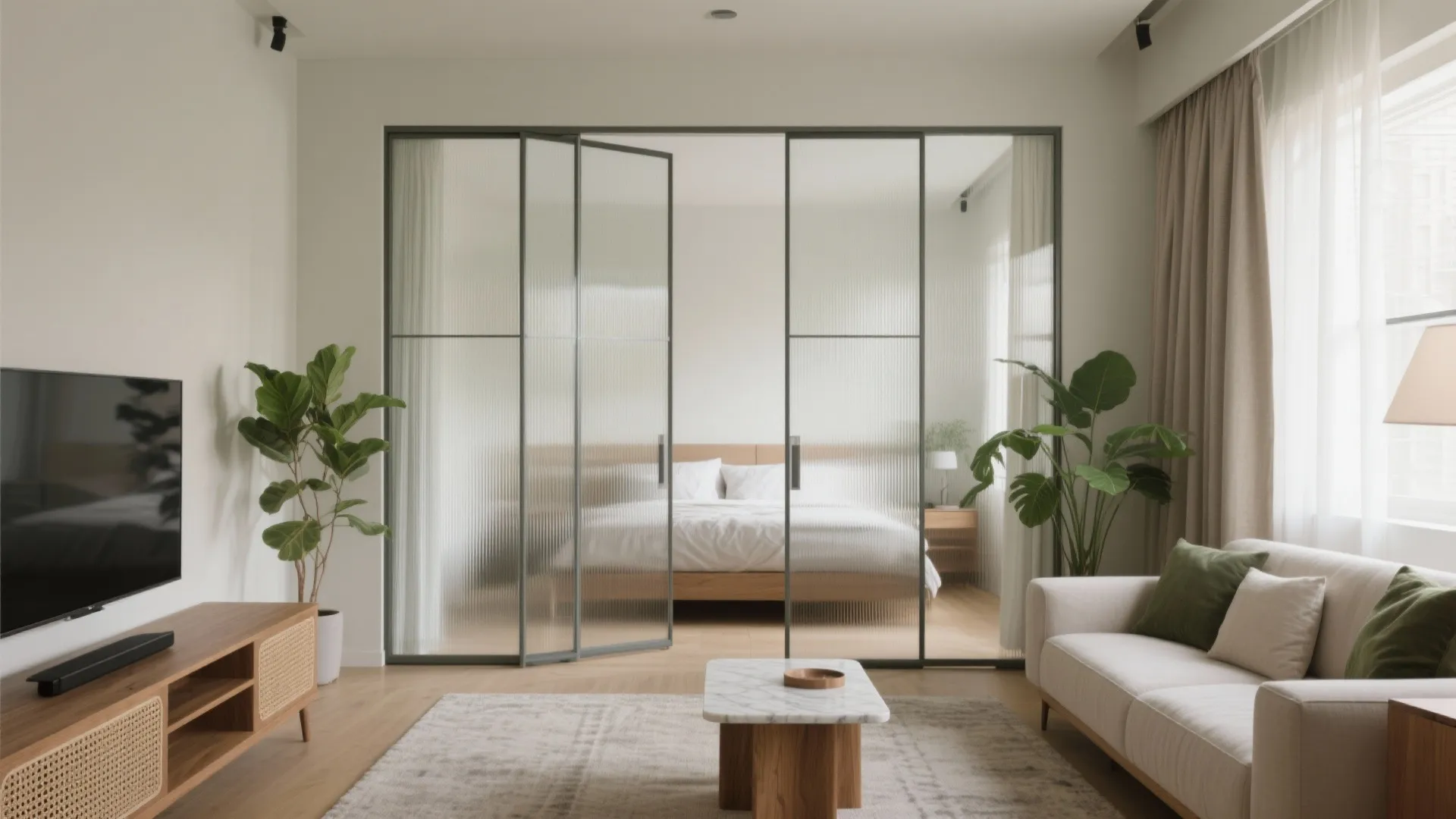 Sliding partitions that flex living, dining, and the bedroom
