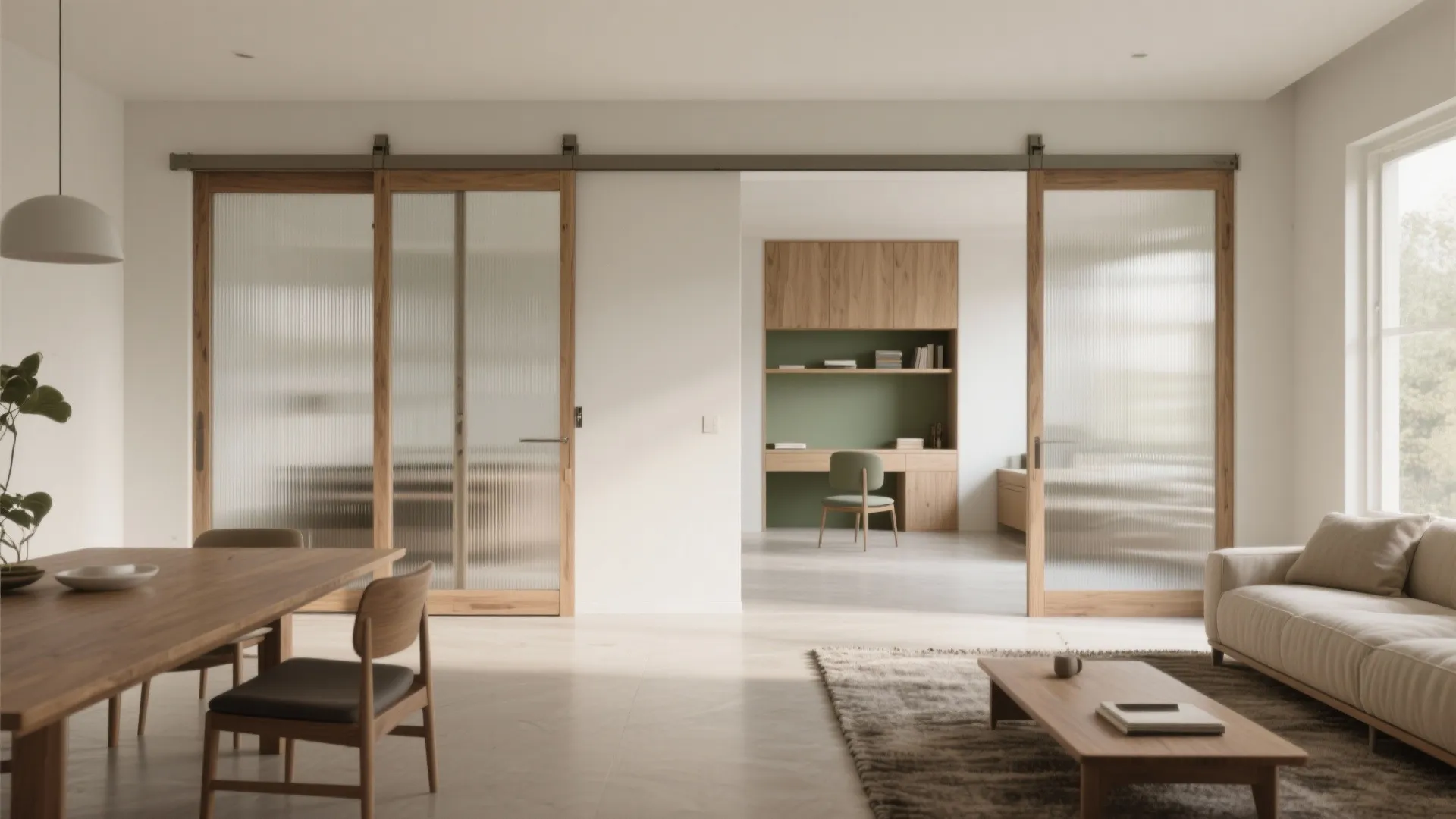 Slide-to-zone living, dining, and study