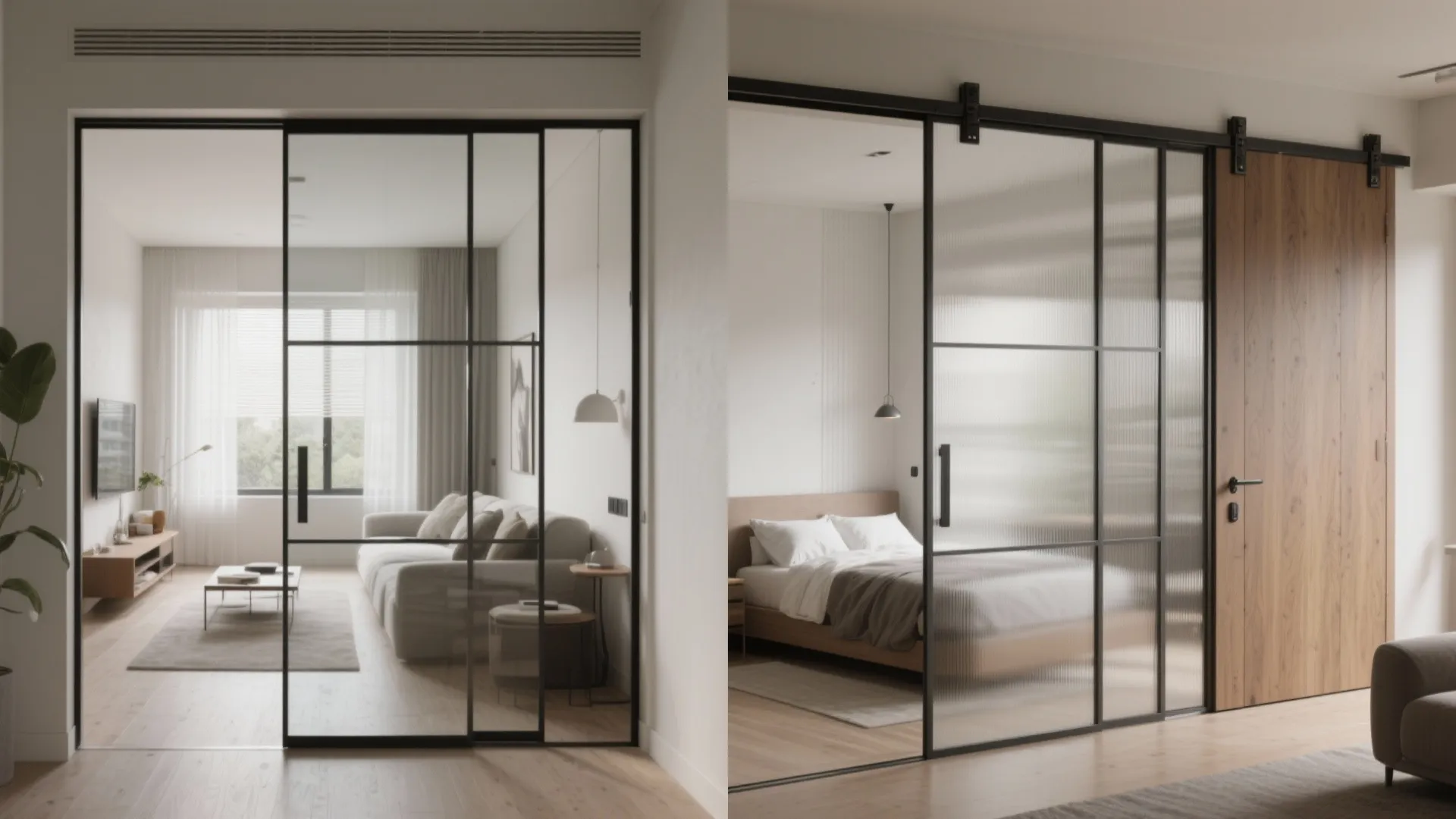Modern black frame glass sliding doors separating a living room and a cozy white bedroom