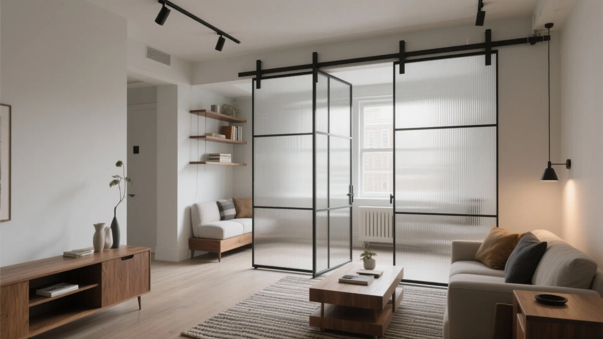 Flexible zones with sliding partitions and modular pieces