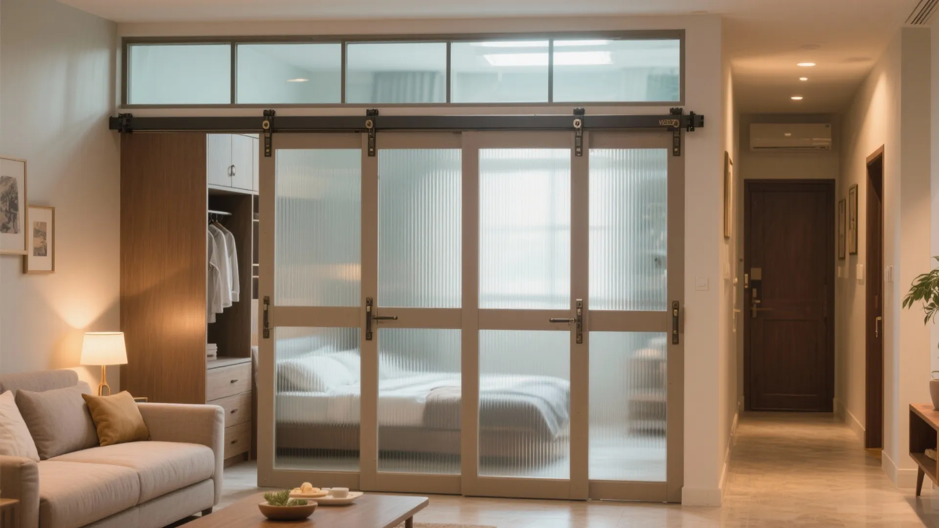 Visual zoning with sliding doors and smart partitions