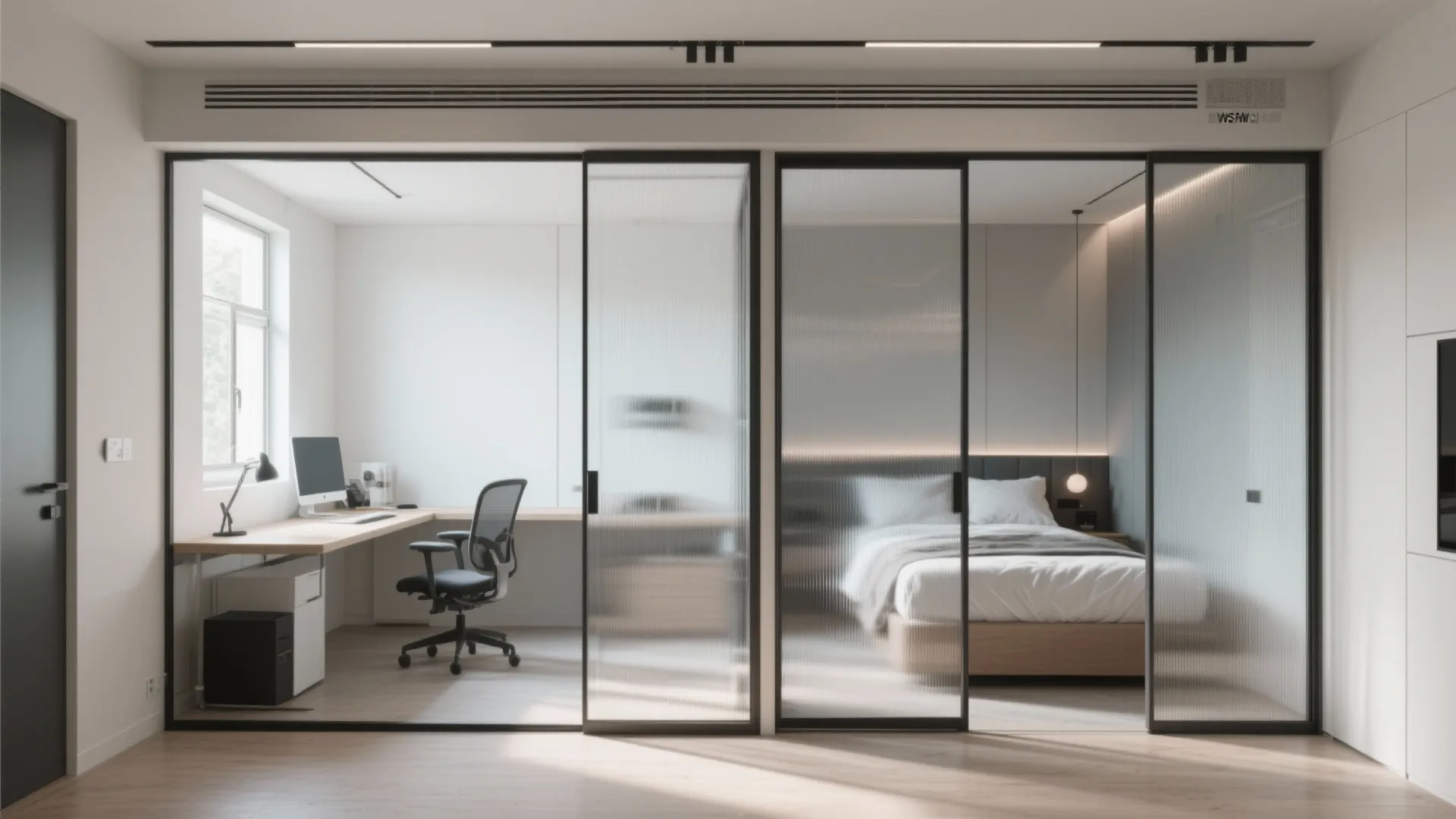 Small bedroom split into workspace and sleeping area using sliding frosted glass panels