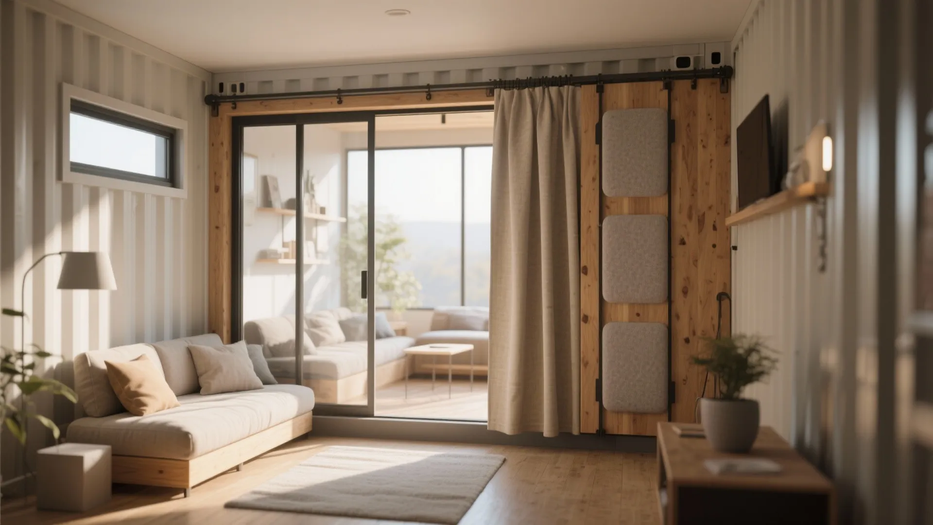 Container living room with sliding partitions and soft furnishings to reduce sound transfer