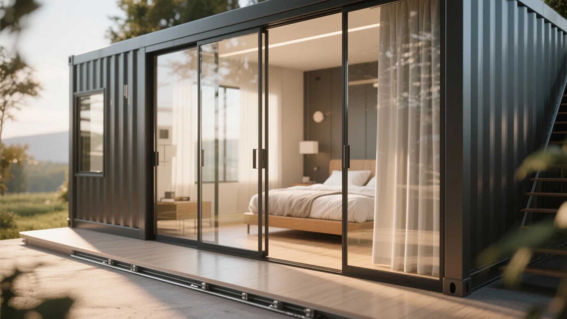 Interior with sliding glass partitions creating flexible privacy in a container home