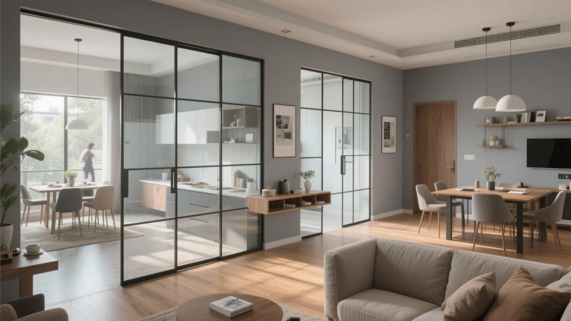 Flexible living-dining with sliding partitions