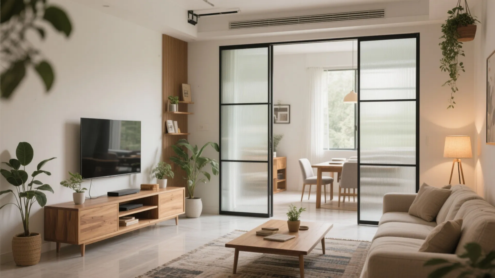Flexible living-dining with full-height sliding fluted glass partitions on top-hung tracks, no floor thresholds.
