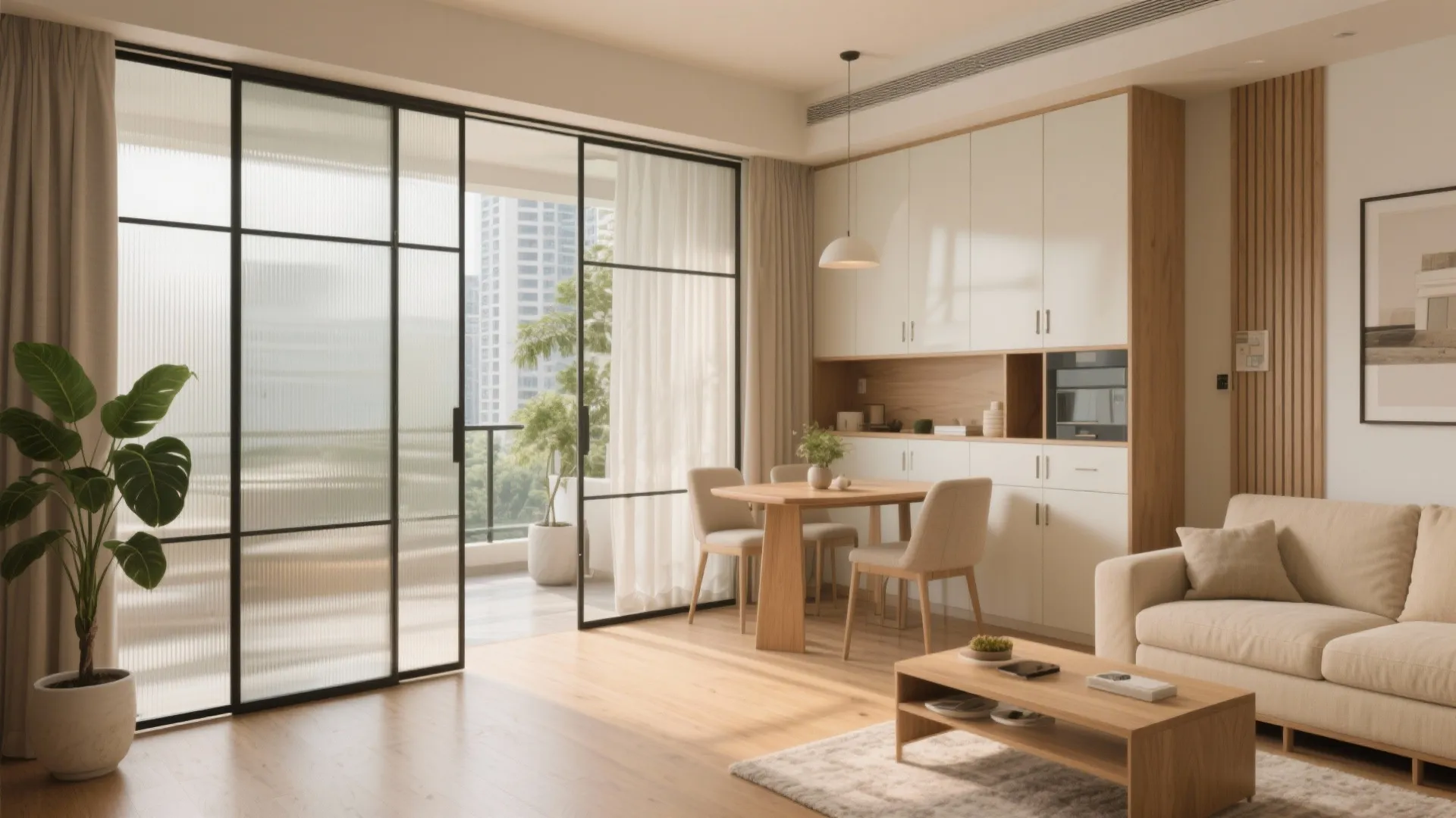 Flexible Living-Dining Core with Sliding Partitions