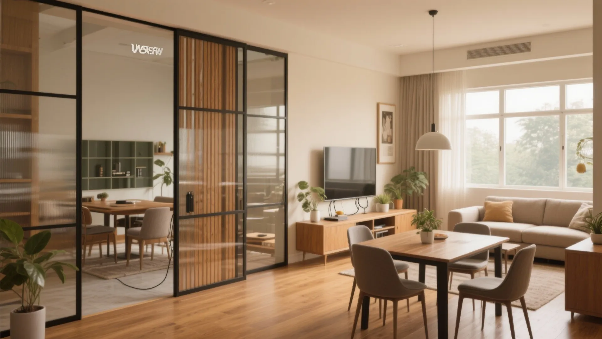 Modern living room with glass sliding doors, wooden dining table, grey chairs, and natural light