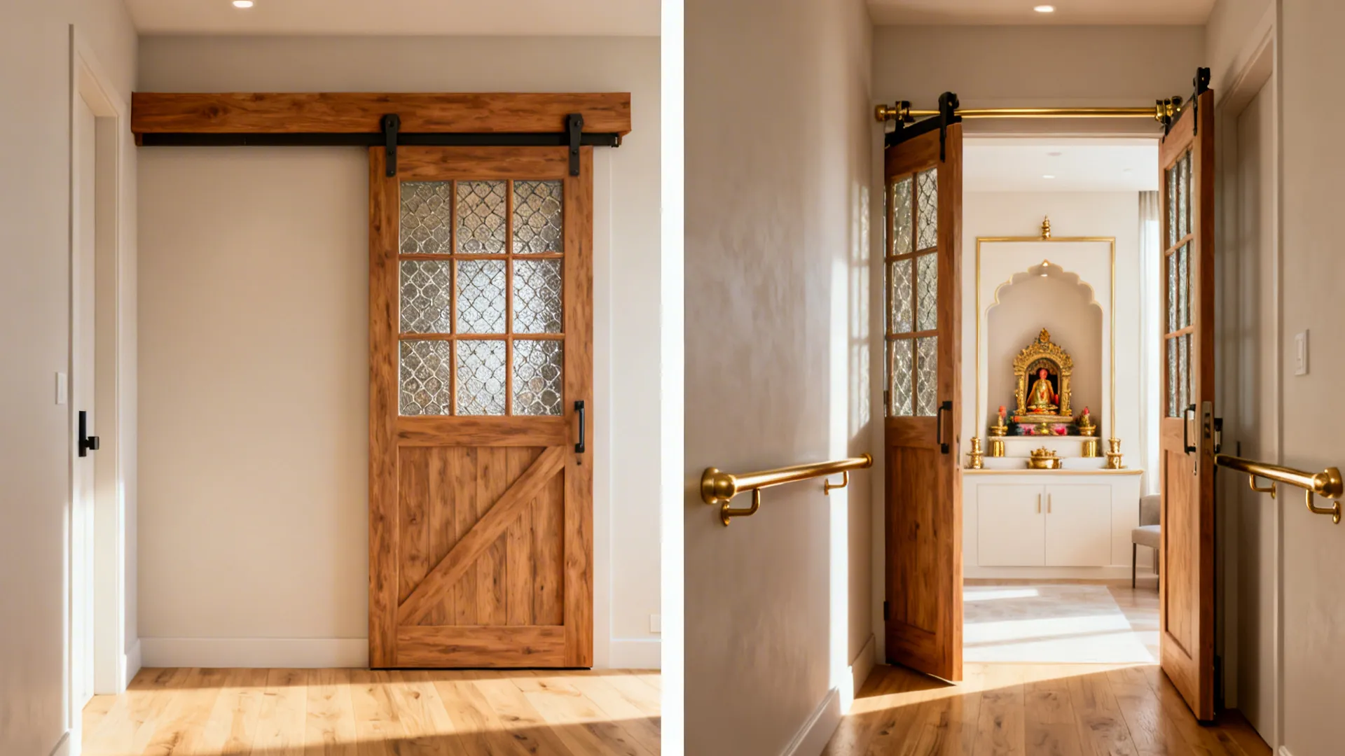 Wooden sliding door with glass panels shown in closed and open positions within a hallway