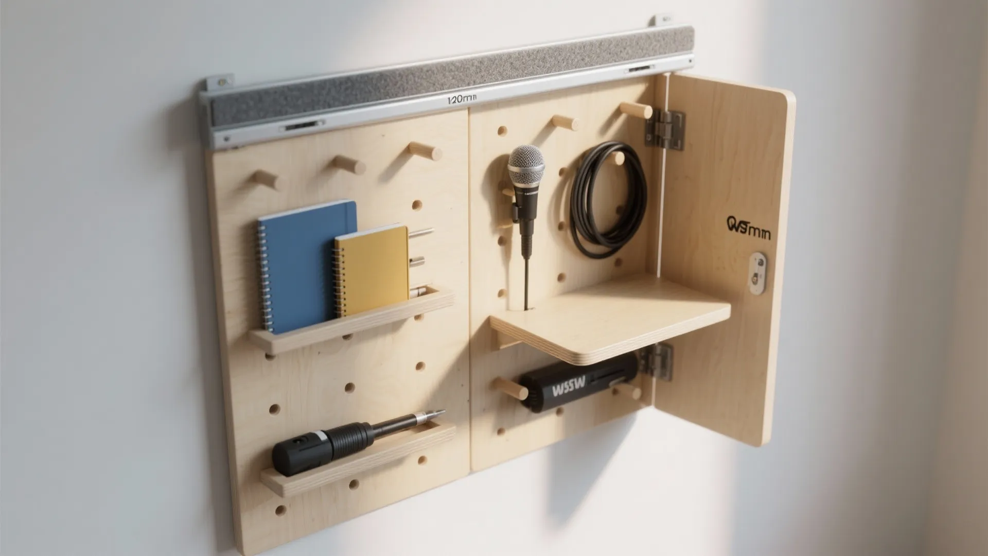 Wall mounted wooden pegboard storage organizer holding notebooks microphone and tools in a bright home office