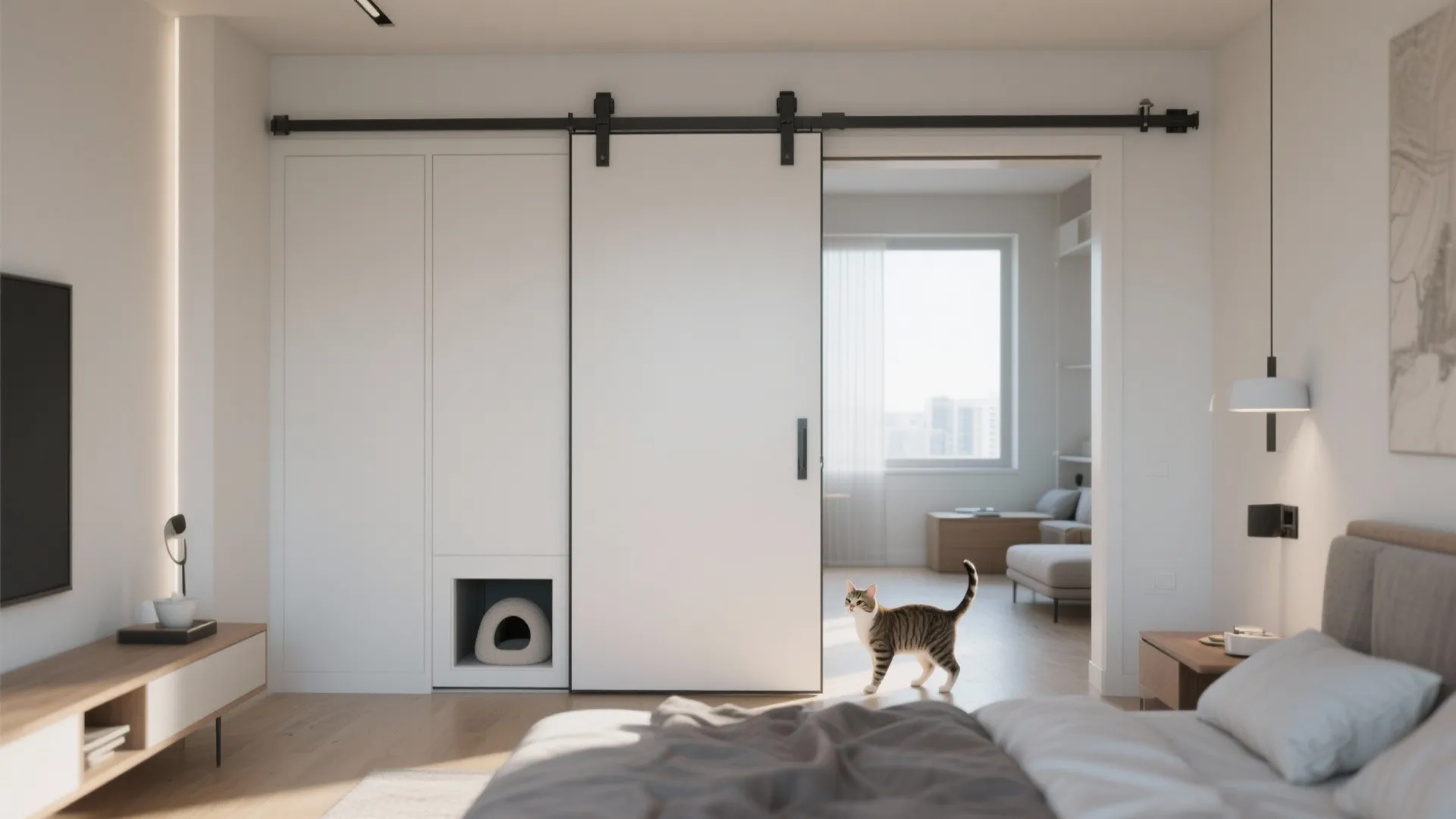 Modern bedroom with sliding white door and cat walking near a small built in bed