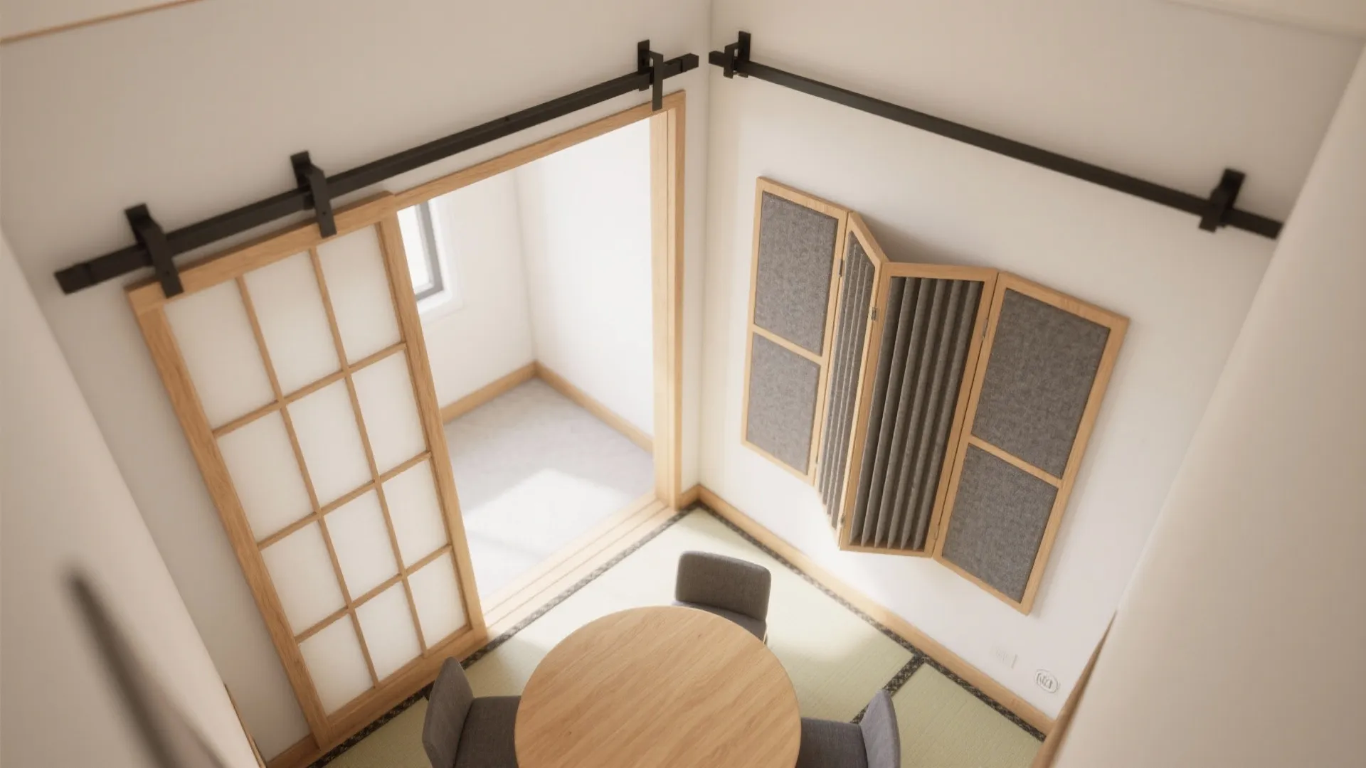 Top view of a small room with sliding wooden doors and a round dining table