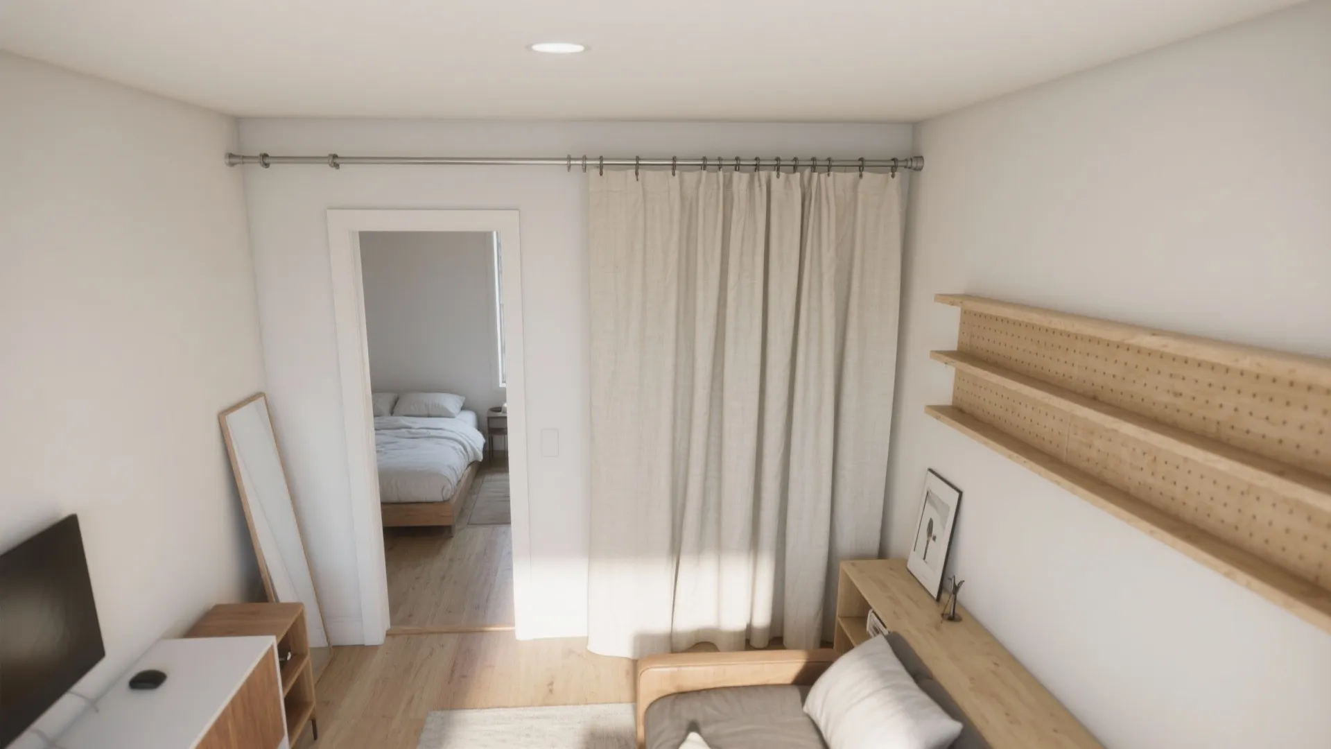 Modern studio apartment with wooden floor white curtain room divider small sofa and open bedroom view