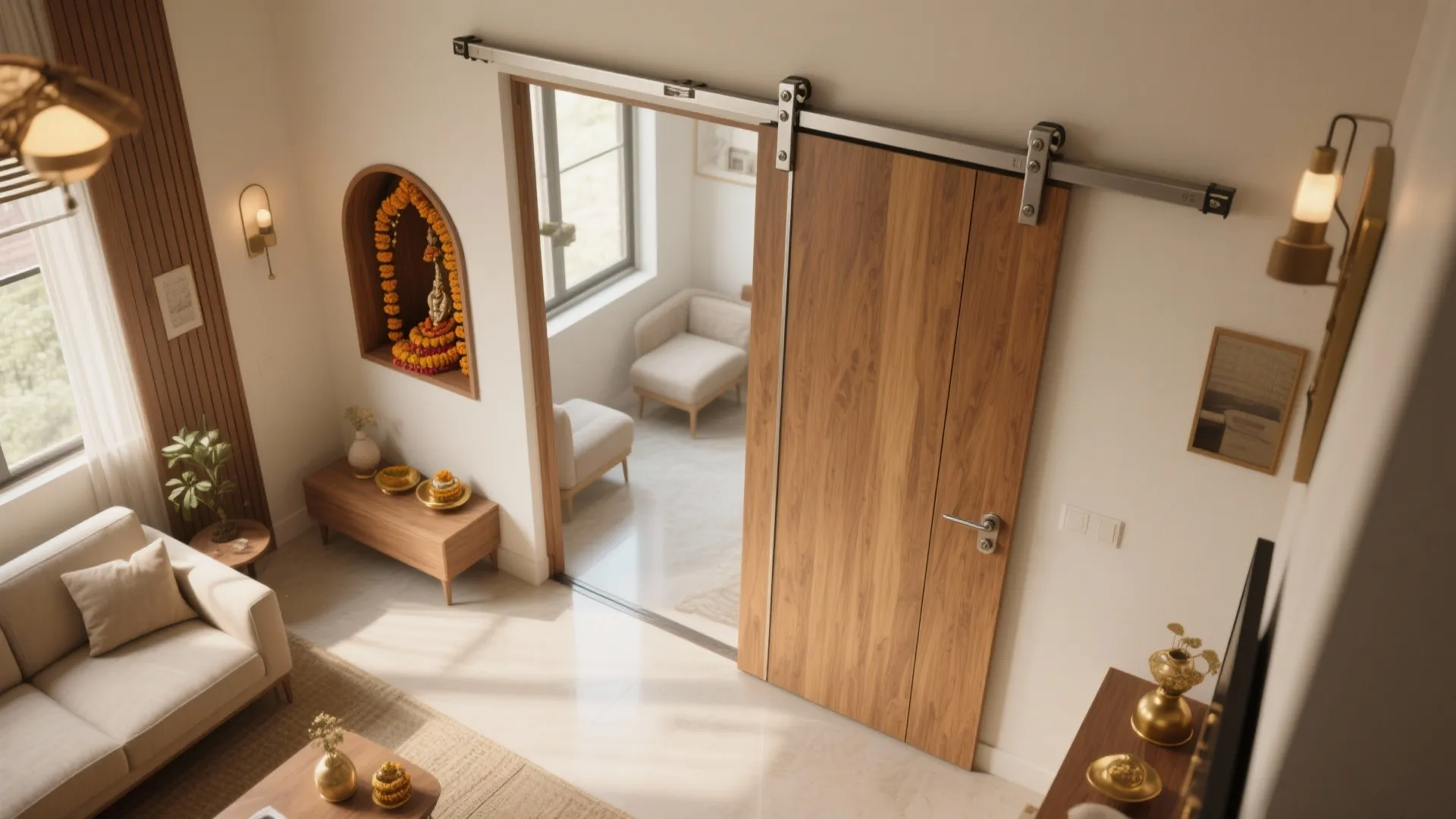 Sliding plywood doors for compact pooja nooks