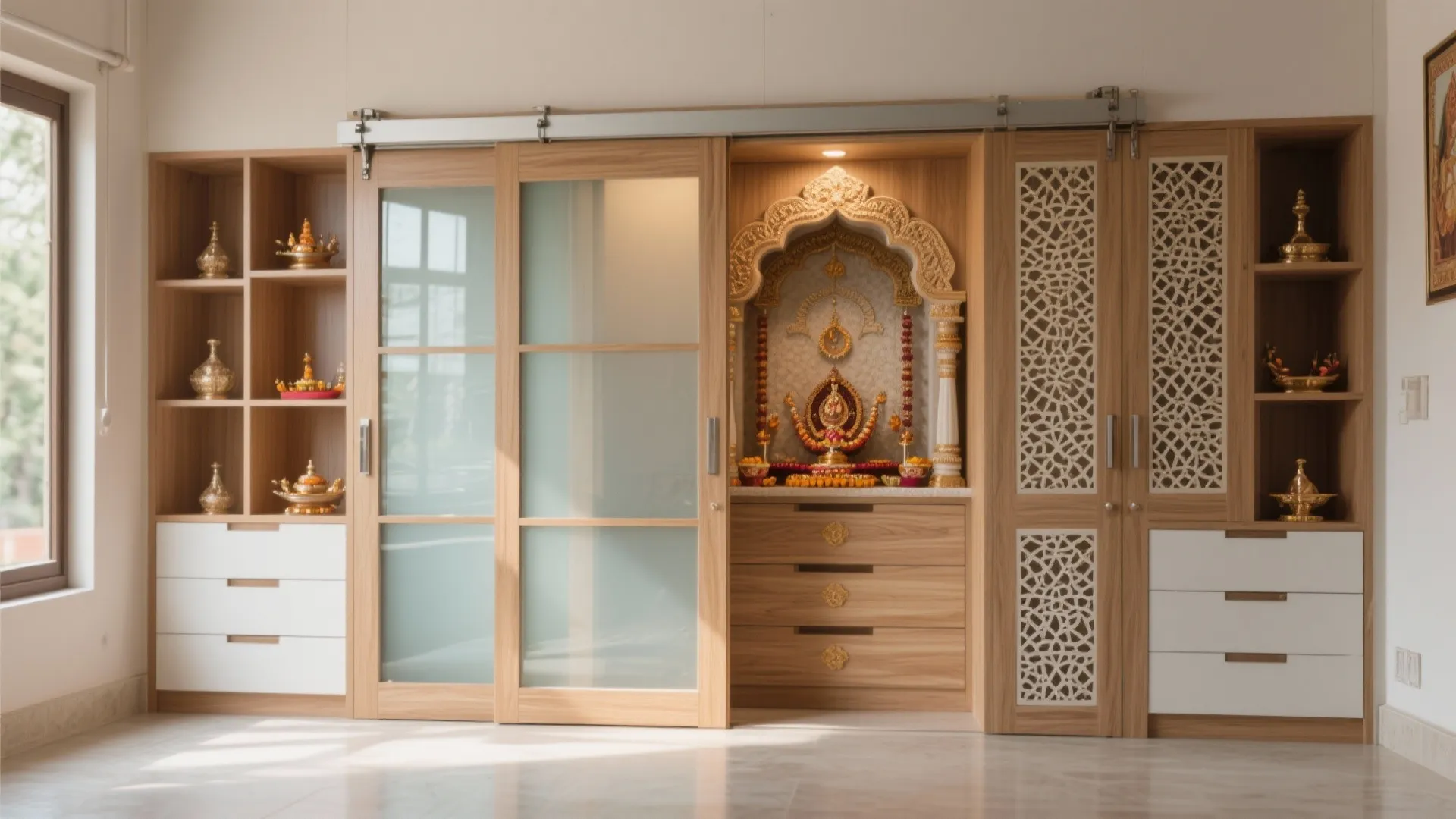 Large wooden room cabinet with sliding glass doors and decorative panels for home prayer space design