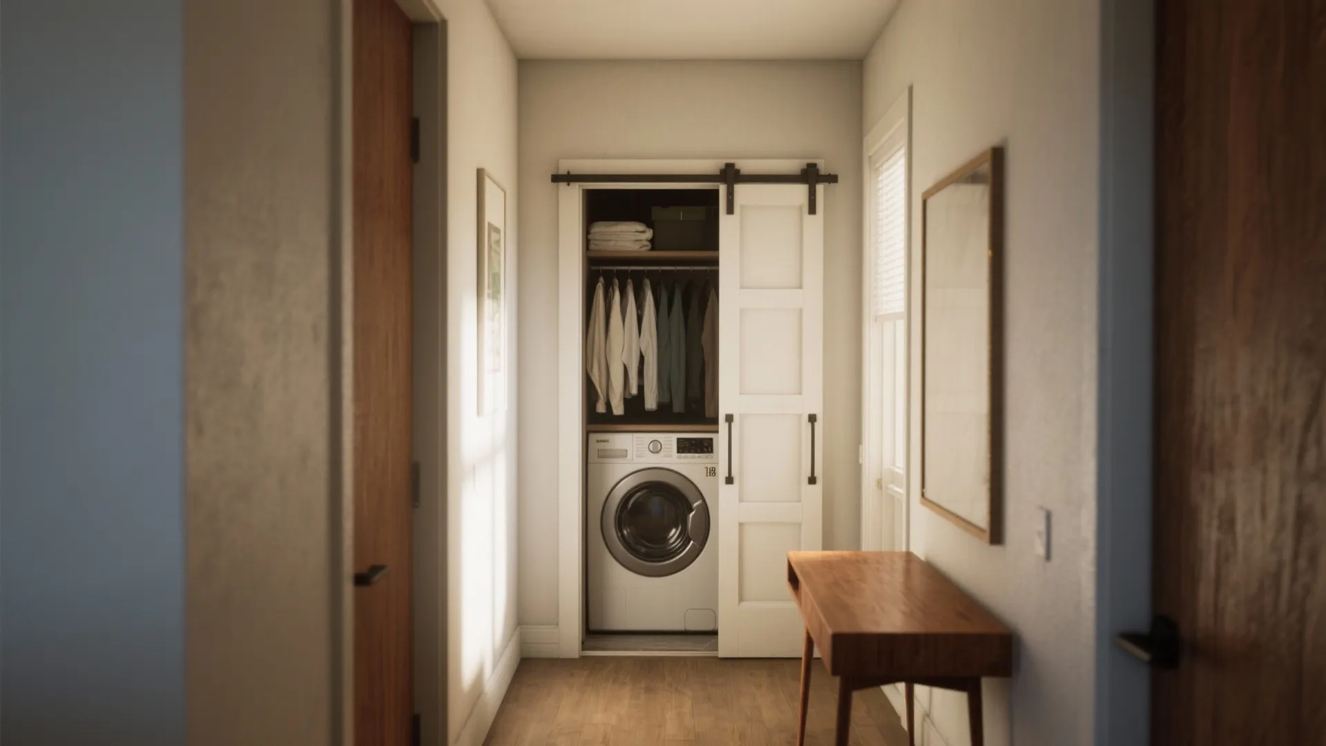 A white washing machine stored inside a small hallway closet with a white sliding door