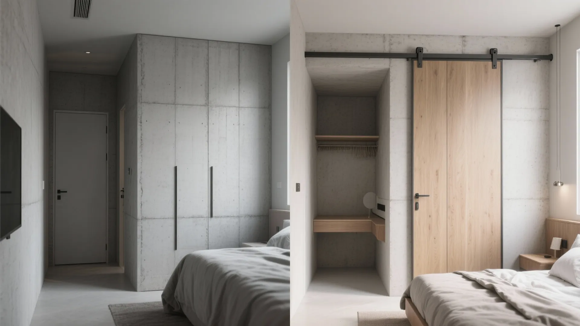 Bedroom with grey wall panel closet and wooden sliding door beside a small desk area setup