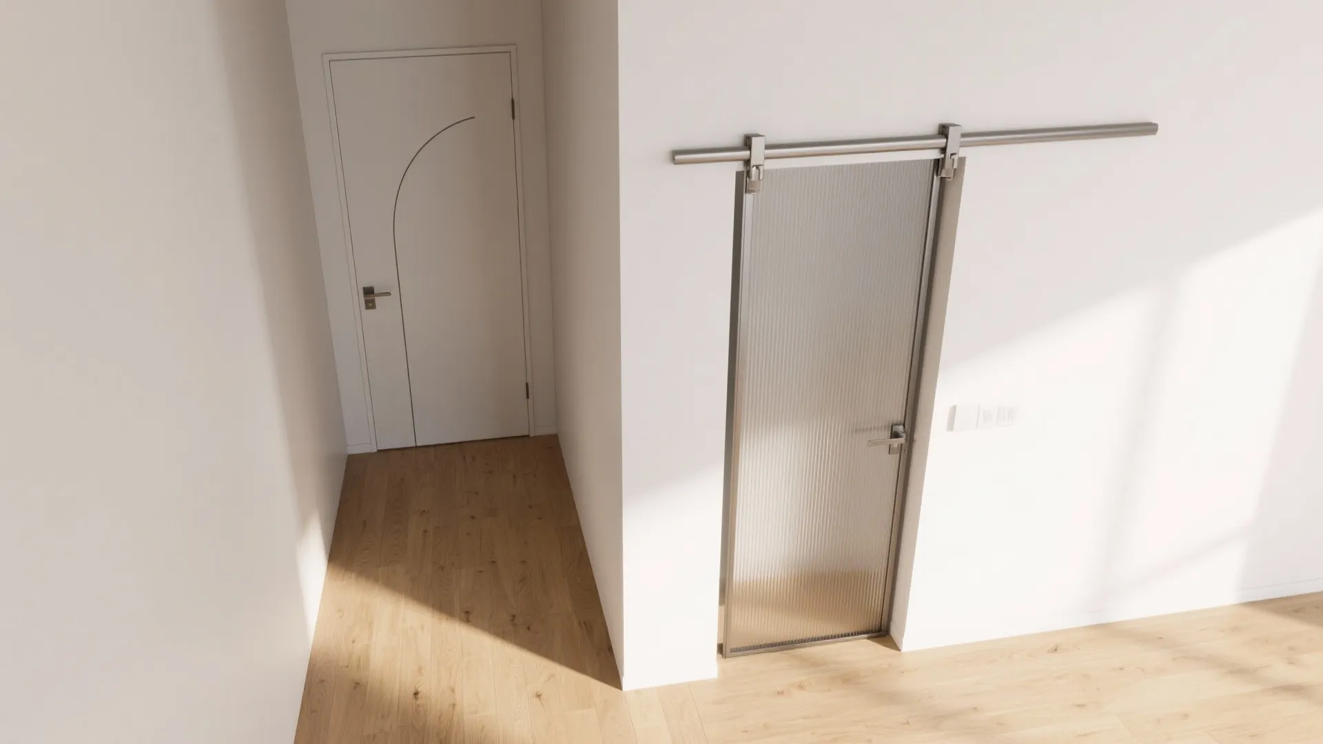 Modern sliding glass door with metal rail alongside white interior door on light wood floor