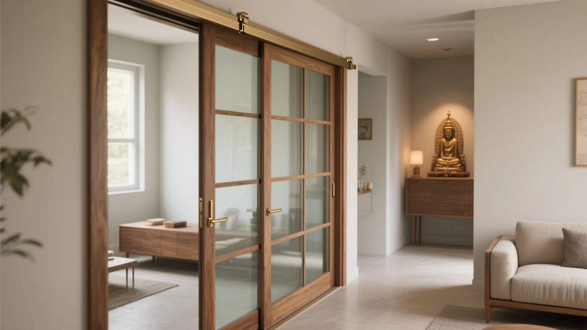 Wooden sliding glass doors opening to a living room with a sofa and warm lighting