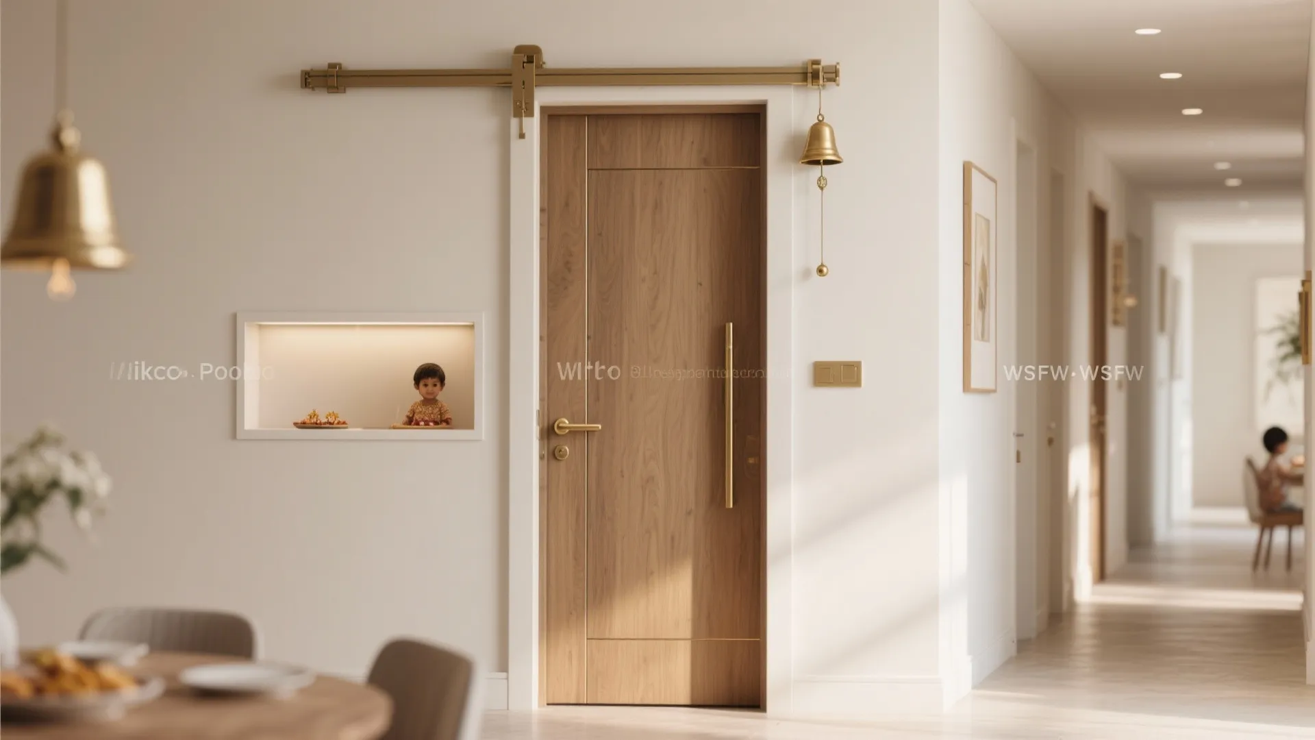 Modern wooden sliding door with brass handle and hanging bell in a bright white hallway