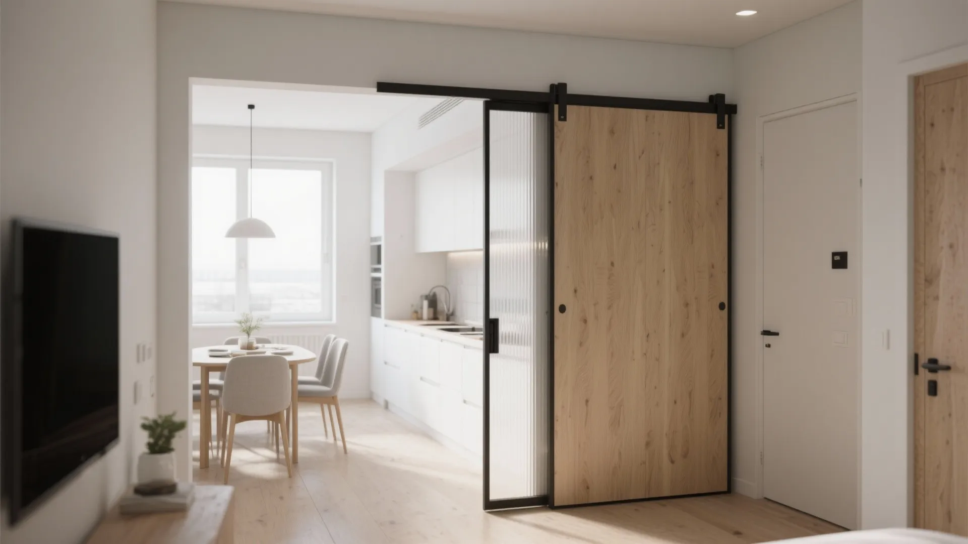 Modern apartment interior featuring wooden sliding door glass panel white kitchen and small dining table