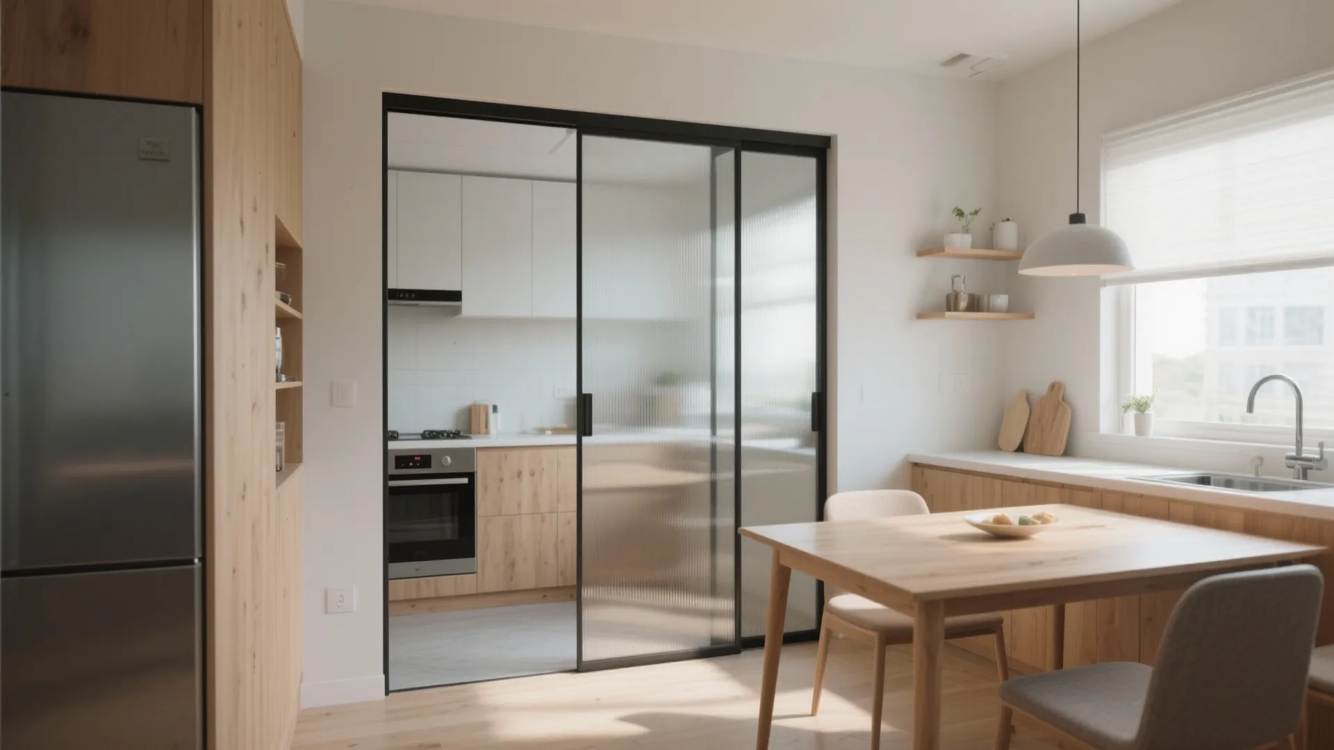 Dining area with wooden table facing glass sliding doors that lead into a modern white kitchen