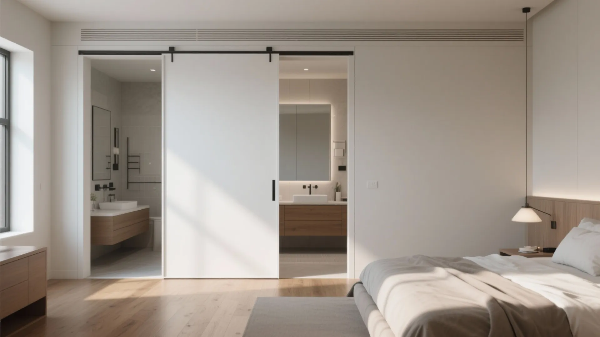 Modern bedroom with wooden floor and large white sliding door opening to a clean bathroom