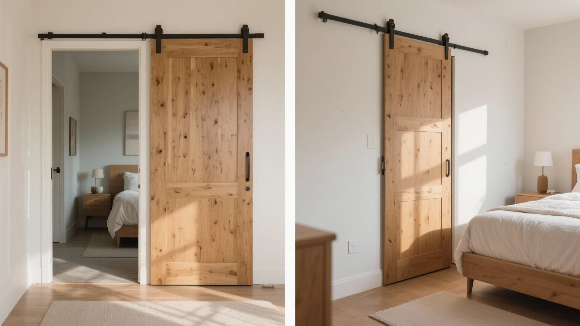 Side by side photos showing a wooden sliding door leading into a bright cozy bedroom