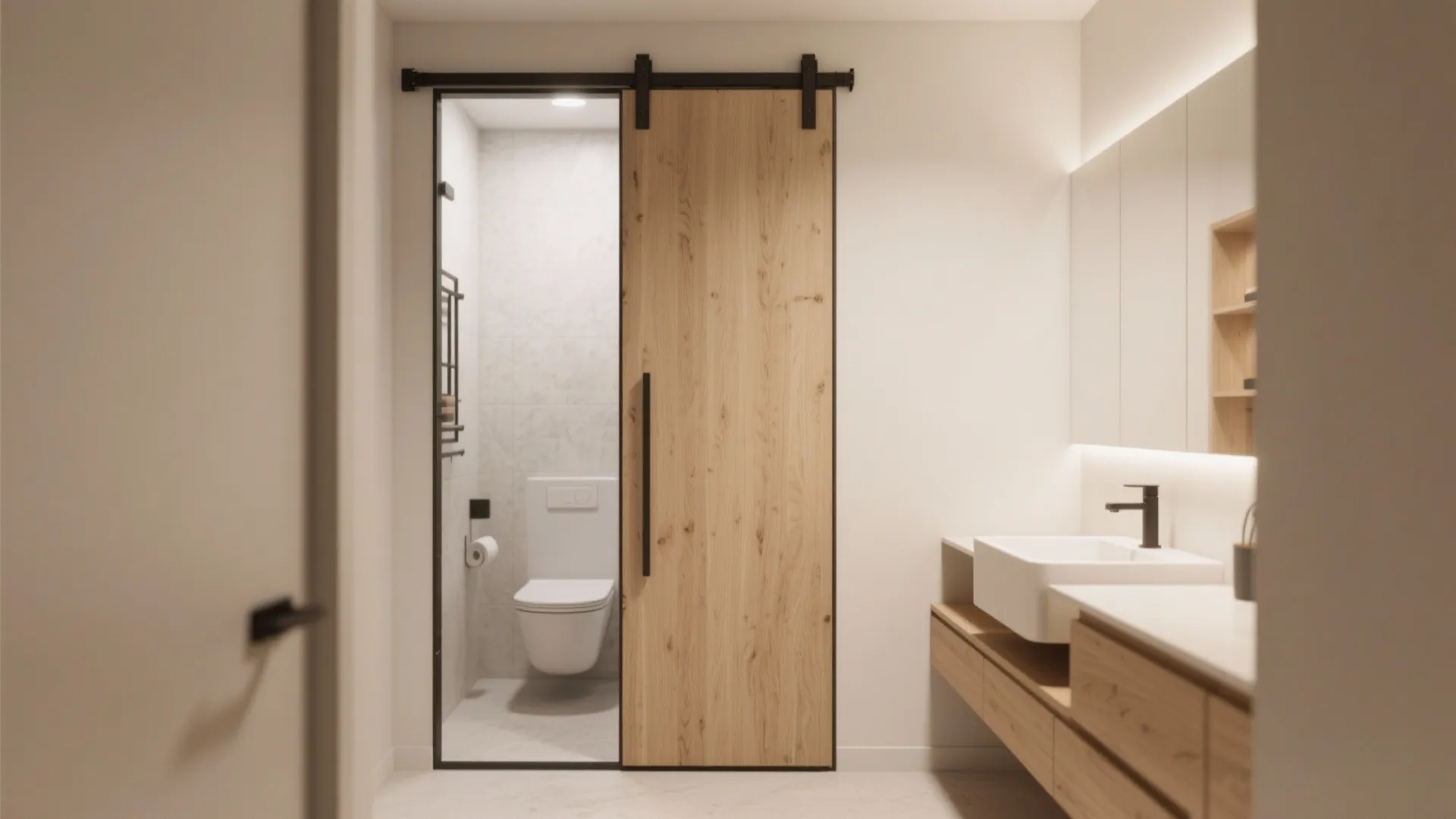 Small bathroom with light oak sliding pocket door
