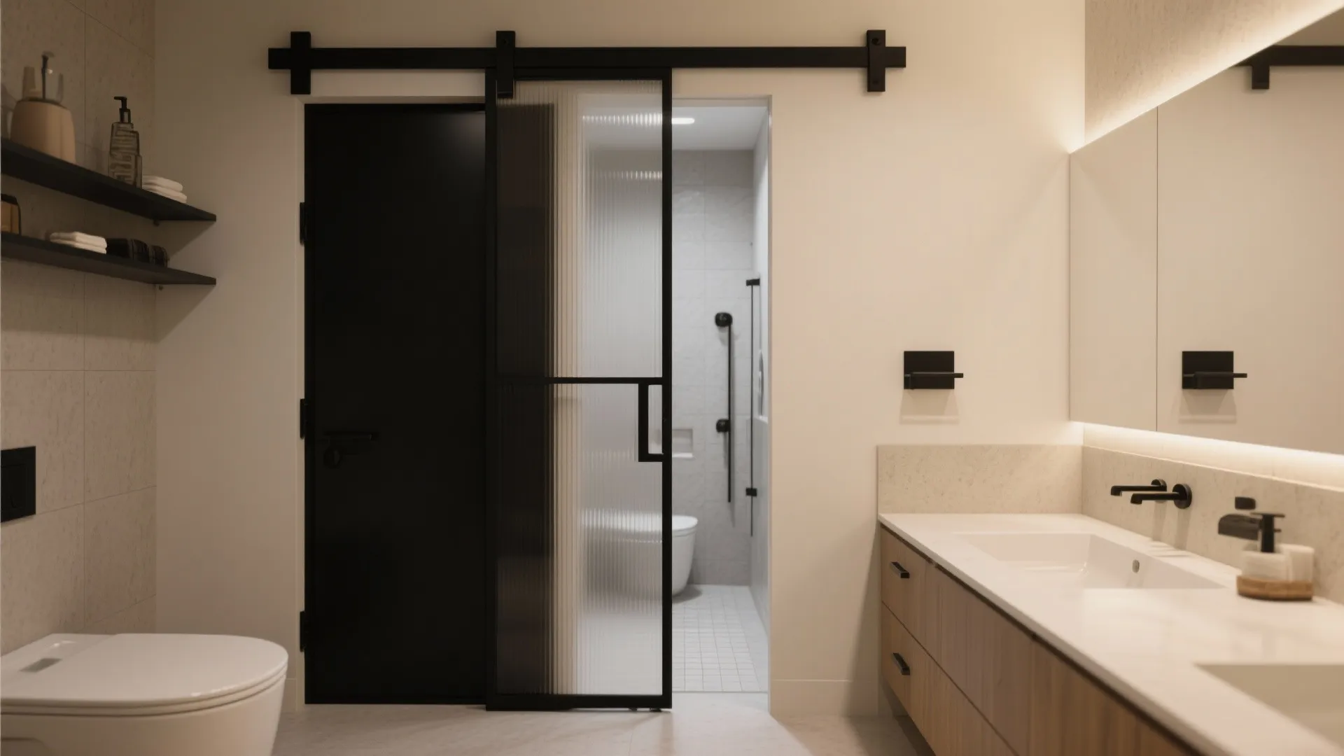 Modern bathroom with black sliding glass door wooden cabinet white sink toilet and warm wall light